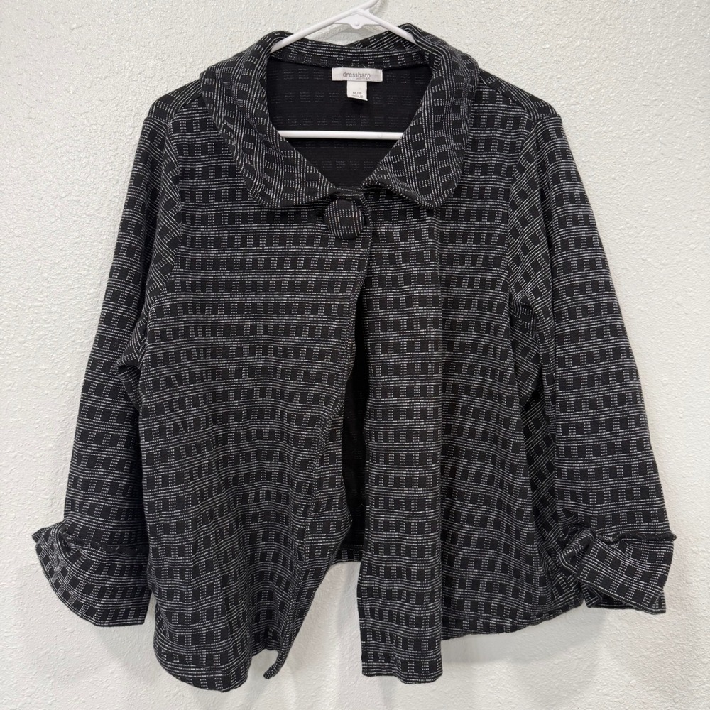 Dressbarn Woman Black White Geometric‎ Print Collared Open Front Jacket 14 16